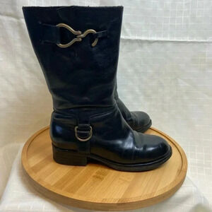 Women's Cole Haan Country Black Leather Moto Style Boots Size 6.5 Metalwork